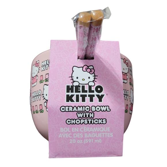 Hello Kitty Ceramic Ramen Bowl with Chopsticks - Floral Pattern Pink 20 OZ - Picture 10 of 12